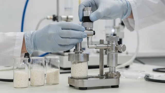 Closeup of a technician adjusting analytical instruments designed for detecting impurities in fertilizers showcasing equipment used in nutrient quality assessment