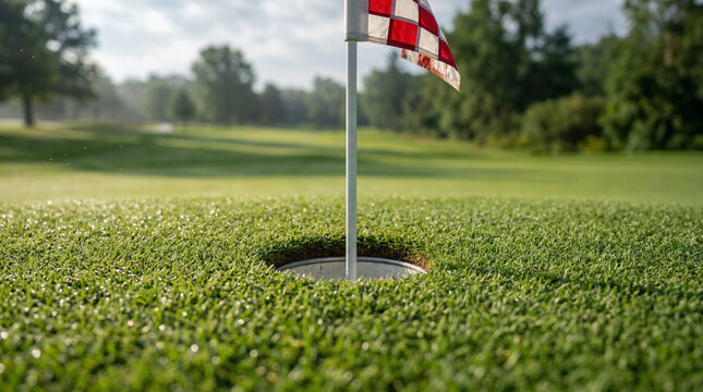 Close-up of a golf hole with a checkered flag on a lush green course