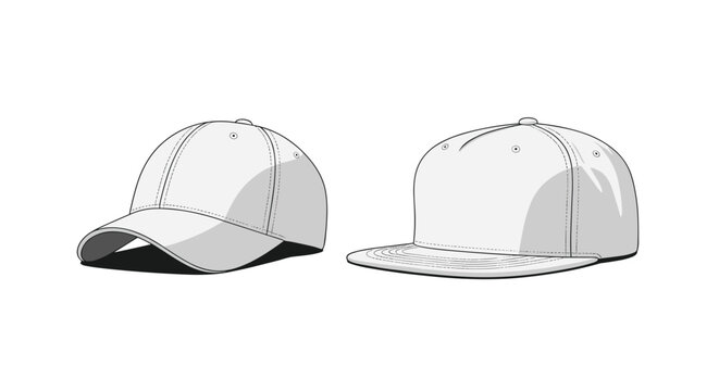 Two plain white baseball caps, one with a curved brim and one with a flat brim, are displayed on a white background.