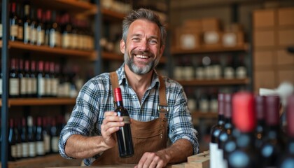 Naklejka premium Smiling man in apron holds wine bottle. Shelves with bottles in winery background. Man prepares drinks for sale, distribution, and export. Local business owner happy with product.