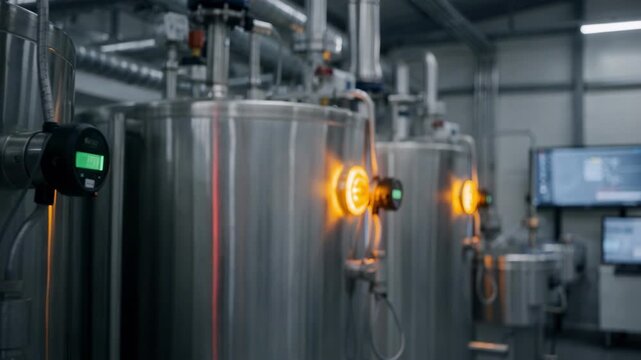 Medium shot capturing alarm indicators on a sensorized storage tank system signaling abnormal composition levels with alert notifications on the monitoring dashboard.