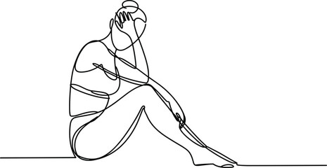 Fototapeta premium Sad woman sitting continuous line drawing, mental health stress emotion concept illustration isolated, cad drawing flat vector illustration