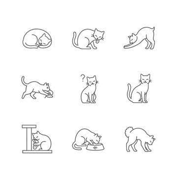 Set of nine line art illustrations depicting cats in various poses and activities.