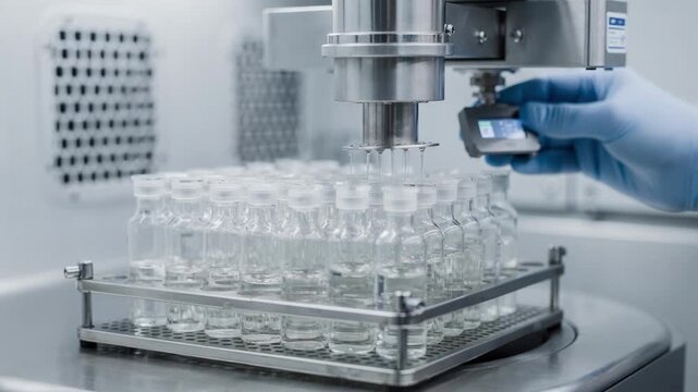 Hightech calibration reagent lyophilization process featuring precise automated dispensing into vials emphasizing consistency and contamination prevention in advanced laboratory