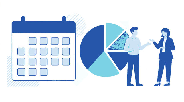 Business team discussing cadence reporting with calendar and pie chart