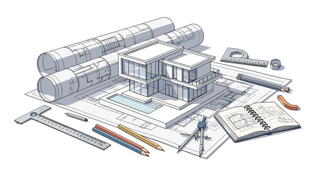 A modern house model sits on architectural blueprints surrounded by various drafting tools including rulers, pencils, and a compass.