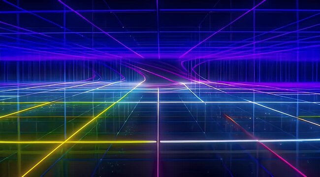 Futuristic digital grid with glowing blue upper half and orange lower half, abstract lines