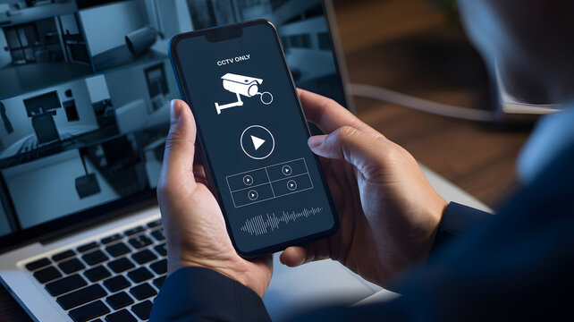 Man monitoring home security camera system on smartphone app, displaying live CCTV footage on laptop screen, ensuring digital surveillance and smart house protection with modern technology