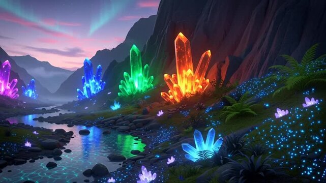 Vibrant crystal formations in a serene mountain stream at sunset