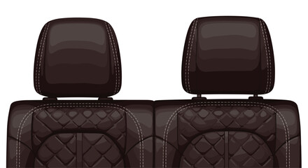 Fototapeta premium Two dark brown car seats with quilted patterns and white stitching are shown from the front against a white background.