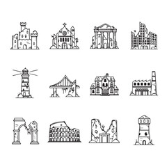 Naklejka premium Collection of Ruined Buildings and Structures Hand Drawn Icons Isolated