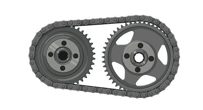 A detailed illustration displays two dark gray sprockets with central hubs securely linked by a heavy-duty roller chain.