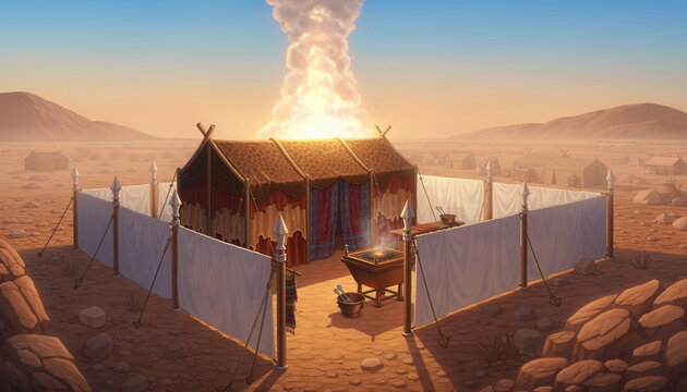 Ancient Israelite Tabernacle in the Sinai wilderness with a pillar of cloud