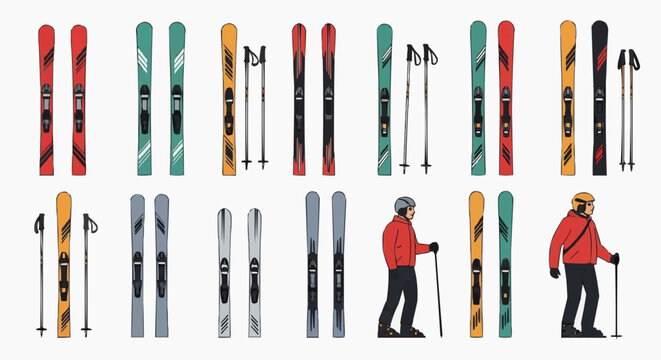 Colorful collection of ski equipment with skier illustrations, ready for the slopes. This illustration captures the essence of winter sports with skis, poles, and skier figures