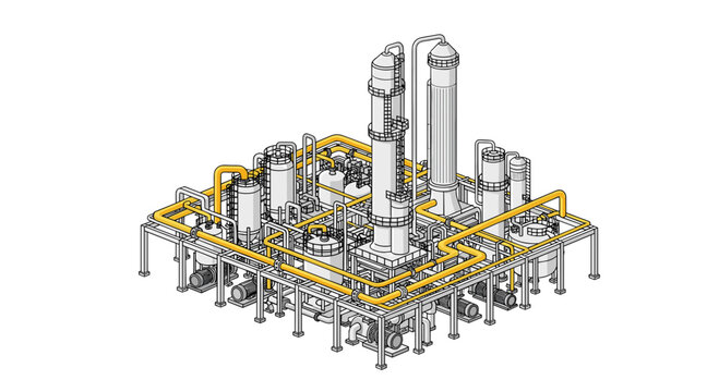 An isometric industrial plant features multiple grey processing towers and tanks interconnected by an extensive network of yellow pipelines on a white background.