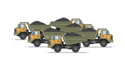 Obraz premium Five olive-green dump trucks, each filled with dark grey coal, are arranged in a staggered formation.