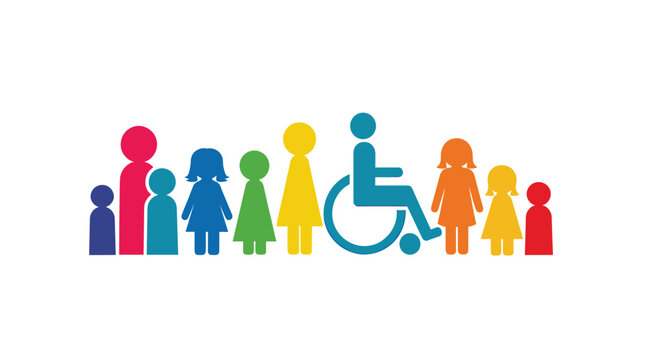 A row of colorful simplified human stick figures, including a blue wheelchair icon, stands horizontally.