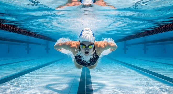 Female swimmer powerfully glides underwater in a clear blue pool, demonstrating impressive technique and graceful balance during an intense training session