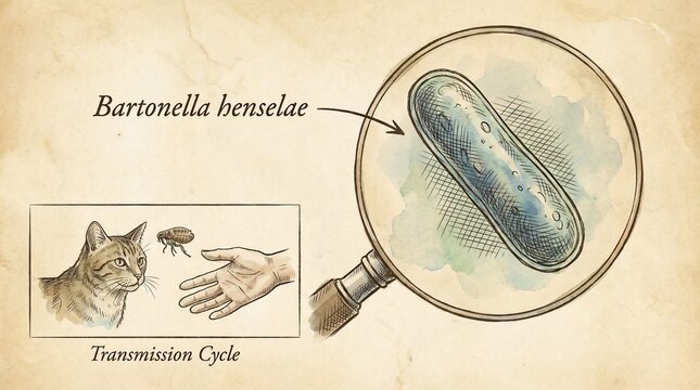 Bartonella henselae bacteria magnified under microscope with transmission cycle