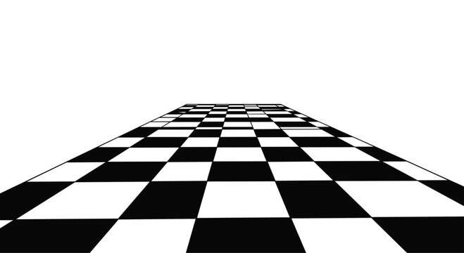 A black and white checkered plane extends infinitely into the distance against a stark white background.