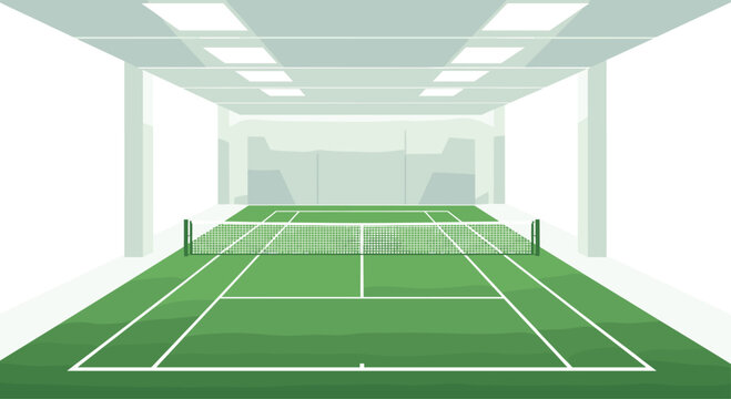 An indoor tennis court with a green playing surface and white boundary lines is viewed from a low angle.
