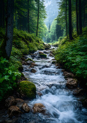 Obraz premium serene forest landscape with a gentle stream flowing through rocks and lush greenery under a canopy