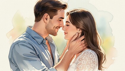 Naklejka premium Cherished Embrace: A loving couple shares a tender moment, their faces close as they express their deep affection and bond. A watercolor style evokes intimacy.
