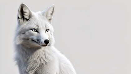 Fototapeta premium Arctic Fox’s Gaze: A stunning arctic fox with pristine white fur and captivating blue eyes exudes an air of calm confidence. Against a soft backdrop, the fox sits with regal poise.