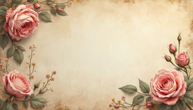 Soft pink roses and delicate small flowers adorn distressed aged paper. Ornate floral border frames empty space for text. Vintage romance background, sepia tones, scrapbook art.