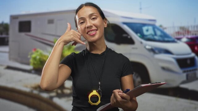 Young hispanic woman trainer making call gesture with hand while holding stopwatch and clipboard on street by camper van; friendly coaching.