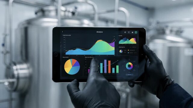 Medium shot of a tablet displaying fermentation progress graphs and sensor readings in a laboratory emphasizing mobile AI monitoring and control of fermentation batches remotely.