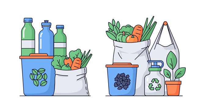 Eco-friendly sustainable living concept illustration of zero waste lifestyle with reusable bags and containers for healthy food and recycling