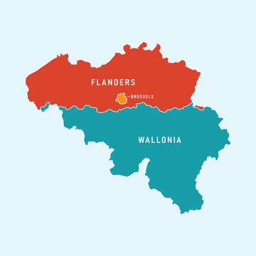 Belgium regions map with names including Flanders, Wallonia and Brussels. Simple infographic design.