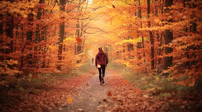 Woman enjoying a peaceful autumn jog through a stunning forest path adorned with vibrant orange and red leaves, surrounded by nature's beautiful seasonal transformation.