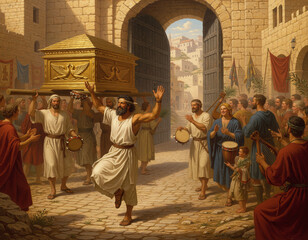 King David dancing ahead of the Ark of the Covenant entering Jerusalem