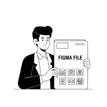 designer presenting figma file design asset in black white line art or illustration of a designer with figma file for user interface assets