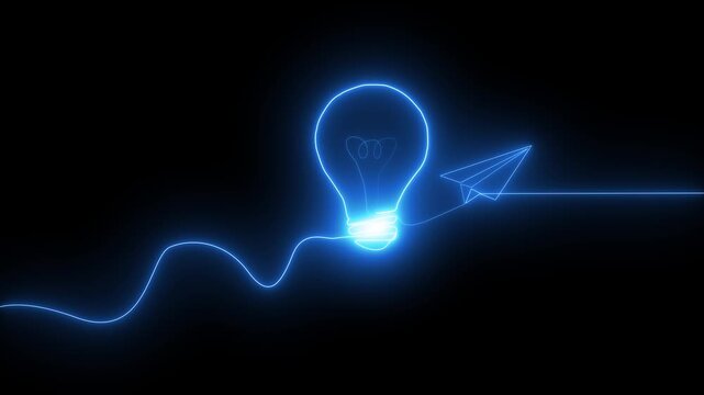 Glowing Blue Light Bulb with Paper Airplane Launching from Socket on Dark Background with Electric Wire