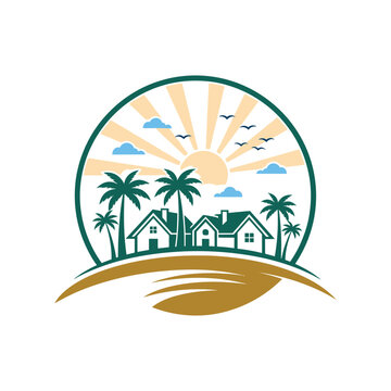 Tropical resort real estate logo design with beach houses and palm trees under bright sun and blue clouds in circular frame vector illustration for vacation rental or travel agency branding