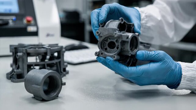 Medium shot focusing on the assembly of additively manufactured adapters made from durable polymers illustrating advanced customization in industrial processes.