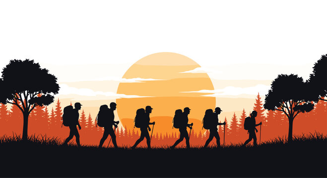 Seven silhouetted hikers with backpacks and poles walk across a grassy foreground with a large orange sunset and dense forest behind them.