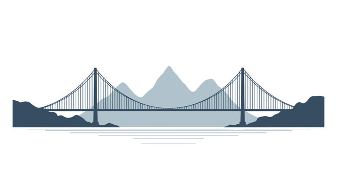 A minimalist vector illustration features a suspension bridge with two towers over water, set against a backdrop of three layered mountains.