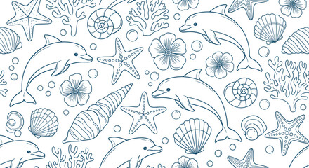 Seamless marine pattern with dolphins starfish seashells and coral in clean line art style ocean themed background for nautical design fabric wallpaper wrapping paper © Amit World