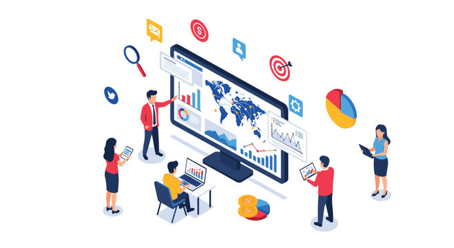 Six business professionals analyze data on a large monitor displaying a world map, charts, and graphs, surrounded by digital icons.