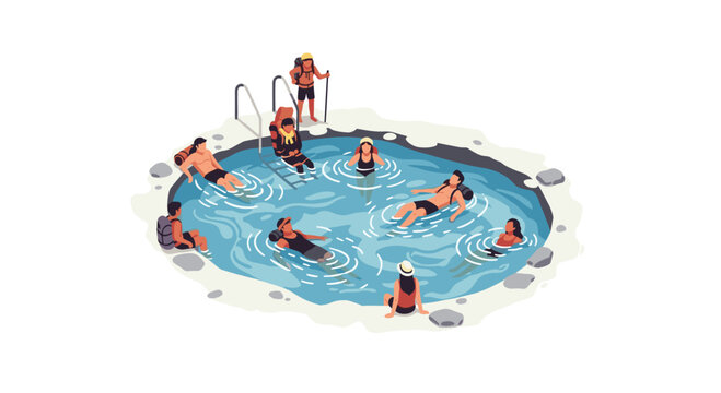 Ten people, some with backpacks, are relaxing and swimming in a natural hot spring pool with distinct rocky edges.