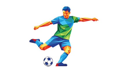 Obraz premium A striking, geometrically rendered illustration portrays a solo soccer player in a powerful kicking stance with a ball on a pristine white background.