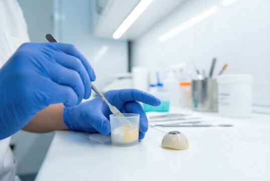 Ocular technician wearing gloves mixing acrylic resin powder in a small cup to create a prosthetic eye
