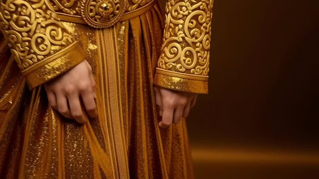 regal king pointing gesture golden costume crown