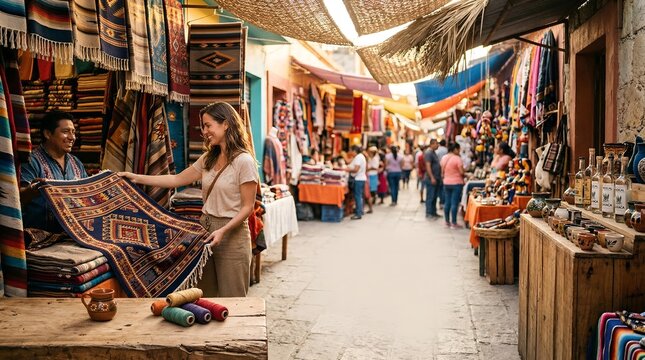 Authentic Oaxaca market scene with handmade textiles mezcal bottles and vibrant local culture
