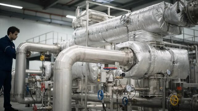 Medium shot focusing on insulated piping systems designed for monomer transfer highlighting thermal protection and safety features in an indoor chemical processing area.