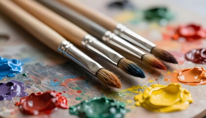Obraz premium Artistic paintbrushes and vibrant colors on a wooden palette, ready for creation